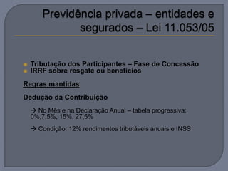    Tributação dos Participantes – Fase de Concessão
   IRRF sobre resgate ou benefícios
Regras mantidas
Dedução da Contribuição
     No Mês e na Declaração Anual – tabela progressiva:
    0%,7,5%, 15%, 27,5%
     Condição: 12% rendimentos tributáveis anuais e INSS
 