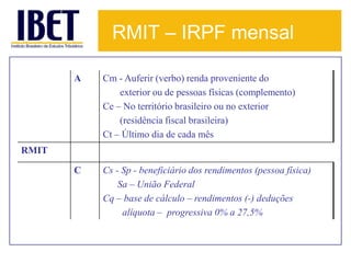 RMIT – IRPF mensal

       A   Cm - Auferir (verbo) renda proveniente do
               exterior ou de pessoas físicas (complemento)
           Ce – No território brasileiro ou no exterior
               (residência fiscal brasileira)
           Ct – Último dia de cada mês
RMIT

       C   Cs - Sp - beneficiário dos rendimentos (pessoa física)
               Sa – União Federal
           Cq – base de cálculo – rendimentos (-) deduções
                alíquota – progressiva 0% a 27,5%
 