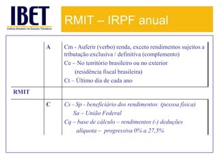 RMIT – IRPF anual

       A   Cm - Auferir (verbo) renda, exceto rendimentos sujeitos a
           tributação exclusiva / definitiva (complemento)
           Ce – No território brasileiro ou no exterior
                (residência fiscal brasileira)
           Ct – Último dia de cada ano
RMIT

       C   Cs - Sp - beneficiário dos rendimentos (pessoa física)
               Sa – União Federal
           Cq – base de cálculo – rendimentos (-) deduções
                alíquota – progressiva 0% a 27,5%
 