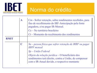 Norma do crédito
       A   Cm - Sofrer retenção, sobre rendimentos recebidos, para
           fins de recolhimento do IRF-Antecipação pela fonte
           pagadora, e/ou pagar IR-Mensal.
           Ce – No território brasileiro
           Ct – Momento do recebimento dos rendimentos
RMIT

       C   Sa – pessoa física que sofrer retenção de IRRF ou pagar
           IRPF mensal
           Sp – União Federal
           Objeto da relação jurídica – O beneficiário dos
           rendimentos terá direito, contra a União, de compensar
           com o IR-Anual devido, o respectivo montante
 