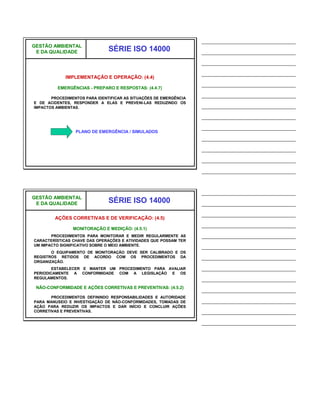______________________________
GESTÃO AMBIENTAL
 E DA QUALIDADE                SÉRIE ISO 14000                     ______________________________
                                                                   ______________________________
                                                                   ______________________________
             IMPLEMENTAÇÃO E OPERAÇÃO: (4.4)
                                                                   ______________________________
          EMERGÊNCIAS - PREPARO E RESPOSTAS: (4.4.7)

       PROCEDIMENTOS PARA IDENTIFICAR AS SITUAÇÕES DE EMERGÊNCIA
                                                                   ______________________________
E DE ACIDENTES, RESPONDER A ELAS E PREVENI-LAS REDUZINDO OS
IMPACTOS AMBIENTAS.                                                ______________________________
                                                                   ______________________________
                                                                   ______________________________
                 PLANO DE EMERGÊNCIA / SIMULADOS
                                                                   ______________________________
                                                                   ______________________________
                                                                   ______________________________
                                                                   ______________________________


                                                                   ______________________________
GESTÃO AMBIENTAL
 E DA QUALIDADE                SÉRIE ISO 14000                     ______________________________
                                                                   ______________________________
        AÇÕES CORRETIVAS E DE VERIFICAÇÃO: (4.5)
                                                                   ______________________________
                MONITORAÇÃO E MEDIÇÃO: (4.5.1)
       PROCEDIMENTOS PARA MONITORAR E MEDIR REGULARMENTE AS        ______________________________
CARACTERÍSTICAS CHAVE DAS OPERAÇÕES E ATIVIDADES QUE POSSAM TER
UM IMPACTO SIGNIFICATIVO SOBRE O MEIO AMBIENTE.                    ______________________________
       O EQUIPAMENTO DE MONITORAÇÃO DEVE SER CALIBRADO E OS
REGISTROS RETIDOS DE ACORDO COM OS PROCEDIMENTOS DA                ______________________________
ORGANIZAÇÃO.
        ESTABELECER E MANTER UM PROCEDIMENTO PARA AVALIAR          ______________________________
PERIODICAMENTE A CONFORMIDADE COM A LEGISLAÇÃO E OS
REGULAMENTOS.                                                      ______________________________
 NÃO-CONFORMIDADE E AÇÕES CORRETIVAS E PREVENTIVAS: (4.5.2)
                                                                   ______________________________
       PROCEDIMENTOS DEFININDO RESPONSABILIDADES E AUTORIDADE
PARA MANUSEIO E INVESTIGAÇÃO DE NÃO-CONFORMIDADES, TOMADAS DE      ______________________________
AÇÃO PARA REDUZIR OS IMPACTOS E DAR INÍCIO E CONCLUIR AÇÕES
CORRETIVAS E PREVENTIVAS.                                          ______________________________
                                                                   ______________________________
 