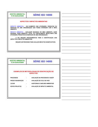 ______________________________
GESTÃO AMBIENTAL
 E DA QUALIDADE                  SÉRIE ISO 14000                    ______________________________
                                                                    ______________________________
               ASPECTOS X IMPACTOS AMBIENTAIS
                                                                    ______________________________
ASPECTO AMBIENTAL - UM ELEMENTO DAS ATIVIDADES, PRODUTOS OU         ______________________________
SERVIÇOS DE UMA ORGANIZAÇÃO QUE POSSA INTERAGIR COM O MEIO
AMBIENTE.                                                           ______________________________
IMPACTO AMBIENTAL - QUALQUER MUDANÇA NO MEIO AMBIENTE, QUER
ADVERSA, QUER BENÉFICA, TOTAL OU PARCIALMENTE RESULTANTE DAS
                                                                    ______________________________
ATIVIDADES, PRODUTOS OU SERVIÇOS DE UMA ORGANIZAÇÃO.
                                                                    ______________________________
       A ISO REQUER PROCEDIMENTOS PARA A IDENTIFICAÇÃO DOS
ASPECTOS E IMPACTOS AMBIENTAIS.                                     ______________________________
         REQUER UM PROCESSO PARA AVALIAR IMPACTOS SIGNIFICATIVOS.   ______________________________
                                                                    ______________________________
                                                                    ______________________________
                                                                    ______________________________


                                                                    ______________________________
GESTÃO AMBIENTAL
 E DA QUALIDADE                  SÉRIE ISO 14000                    ______________________________
                                                                    ______________________________
                                                                    ______________________________
    EXEMPLOS DE METODOLOGIAS DE IDENTIFICAÇÃO DE
                    ASPECTOS:
                                                                    ______________________________
                                                                    ______________________________
PROCESSOS              -       AVALIAÇÃO DE PROCESSOS E HAZOP
                                                                    ______________________________
PRODUTOS/SERVIÇOS      -       AVALIAÇÃO DE CICLO DE VIDA
                                                                    ______________________________
LOCAIS                 -       AUDITORIAS E ANÁLISES AMBIENTAIS

NOVOS PROJETOS         -       AVALIAÇÃO DE IMPACTO AMBIENTAL
                                                                    ______________________________
                                                                    ______________________________
                                                                    ______________________________
                                                                    ______________________________
                                                                    ______________________________
 