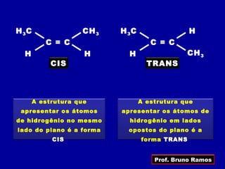 H 3C               CH 3   H 3C                 H
         C = C                      C = C
  H                 H       H                  CH 3
           CIS                     TRANS




      A estrutura que            A estrutura que
 apresentar os átomos     apresentar os átomos de
de hidrogênio no mesmo      hidrogênio em lados
lado do plano é a forma     opostos do plano é a
           CIS                   forma TRANS


                                     Prof. Bruno Ramos
 