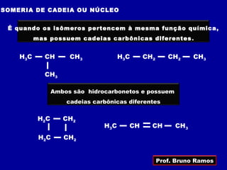 ISOMERIA DE CADEIA OU NÚCLEO


  É quando os isômeros pertencem à mesma função química,
           mas possuem cadeias carbônicas diferentes .


    H3 C      CH       CH3              H3 C    CH2      CH2     CH3

              CH3

                  Ambos são hidrocarbonetos e possuem
                      cadeias carbônicas diferentes


            H2C      CH2
                                 H3 C      CH     CH       CH3
            H2 C     CH2


                                                      Prof. Bruno Ramos
 