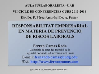 AULA IUSLABORALISTA –UAB
VII CICLE DE CONFERÈNCIES CURS 2013-2014
Dir. Dr. F. Pérez-Amorós i Dr. A. Pastor

RESPONSABILITAT EMPRESARIAL
EN MATÈRIA DE PREVENCIÓ
DE RISCOS LABORALS
Ferran Camas Roda
Catedràtic de Dret del Treball i de la
Seguretat Social de la Universitat de Girona

E-mail: fernando.camas@udg.edu
Web: http://www.ferrancamas.com
(“) CAMAS RODA, FERRAN, 28 de febrer de 2014.

1

 