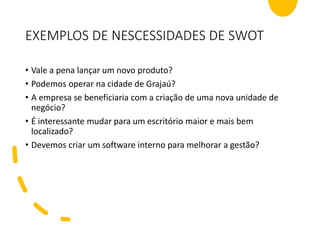 EXEMPLOS DE NESCESSIDADES DE SWOT
• Vale a pena lançar um novo produto?
• Podemos operar na cidade de Grajaú?
• A empresa se beneficiaria com a criação de uma nova unidade de
negócio?
• É interessante mudar para um escritório maior e mais bem
localizado?
• Devemos criar um software interno para melhorar a gestão?
 