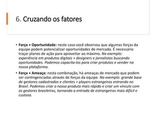6. Cruzando os fatores
• Força + Oportunidade: neste caso você observou que algumas forças da
equipe podem potencializar oportunidades de mercado. É necessário
traçar planos de ação para aproveitar ao máximo. No exemplo:
experiência em produtos digitais + designers e jornalistas buscando
oportunidades. Podemos capacita-los para criar produtos e vender na
nossa plataforma.
• Força + Ameaça: nesta combinação, há ameaças de mercado que podem
ser contingenciadas através de forças da equipe. No exemplo: grande base
de gestores cadastrados e clientes + players estrangeiros entrando no
Brasil. Podemos criar o nosso produto mais rápido e criar um vínculo com
os gestores brasileiros, tornando a entrada de estrangeiros mais difícil e
custosa.
 