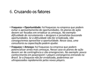 6. Cruzando os fatores
• Fraqueza + Oportunidade: há fraquezas na empresa que podem
evitar o aproveitamento de oportunidades. Os planos de ação
devem ser focados em erradicar as ameaças. No exemplo:
dificuldade de recrutamento + designers e jornalistas buscando
oportunidades. Se a dificuldade não for erradicada, não
conseguiremos aproveitar a oportunidade. Nesse caso, uma
consultoria ou capacitação podem ajudar.
• Fraqueza + Ameaça: há fraquezas na empresa que podem
potencializar ainda mais ameaças. Nesse caso os planos de ação
devem ser de contingência e são emergenciais. No exemplo: pouco
conhecimento em powerpoint + players estrangeiros entrando no
Brasil. Se a fraqueza não for erradicada, poderemos ser
ultrapassados rapidamente pelos novos players.
 