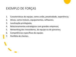 EXEMPLO DE FORÇAS
1. Características da equipe, como união, proatividade, experiência;
2. Ativos, como imóveis, equipamentos, softwares;
3. Localização privilegiada;
4. Relacionamentos estratégicos com grandes empresas;
5. Networking dos investidores, da equipe ou de parceiros;
6. Competências específicas da equipe;
7. Portfólio de clientes.
 