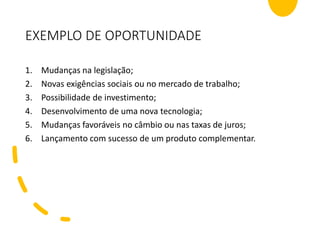 EXEMPLO DE OPORTUNIDADE
1. Mudanças na legislação;
2. Novas exigências sociais ou no mercado de trabalho;
3. Possibilidade de investimento;
4. Desenvolvimento de uma nova tecnologia;
5. Mudanças favoráveis no câmbio ou nas taxas de juros;
6. Lançamento com sucesso de um produto complementar.
 