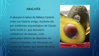 ABACATES
O abacate é nativo do México Central,
onde sua história antiga, estabelecida
por evidências arqueológicas de Claude
Earle Smith Jr., que descobriu
cotilédones de abacate, onde
permanece dentro de depósitos da
caverna Coxcatlán, em Tehuacán, no
estado de Puebla, que datam de cerca
de 10.000 anos atrás.
 