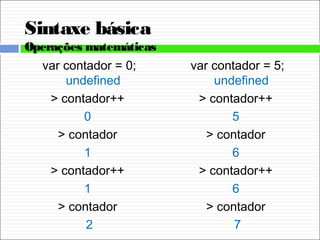 Sintaxe básica
Operações matemáticas
var contador = 0;
undefined
> contador++
0
> contador
1
> contador++
1
> contador
2
var contador = 5;
undefined
> contador++
5
> contador
6
> contador++
6
> contador
7
 