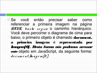  Se você então precisar saber como
referenciar a primeira imagem na página
HTML, basta se g uir o caminho hierárquico.
Você deve percorrer o diagrama de cima para
baixo, o primeiro objeto é chamado document,
a primeira imagem é representada por
Imagem[0]. Desta forma nós podemos acessar
este objeto em JavaScript, da seguinte forma:
do cum e nt. Im ag e m [0 ].
 