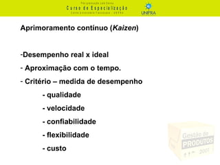 C u r s o d e E s p e c ia liz a ç ã o
P ó s - g r a d u a ç ã o L a t o S e n s u
C e n t r o U n iv e r s it á r io F r a n c is c a n o - U N I F R A
Aprimoramento contínuo (Kaizen)
-Desempenho real x ideal
- Aproximação com o tempo.
- Critério – medida de desempenho
- qualidade
- velocidade
- confiabilidade
- flexibilidade
- custo
 