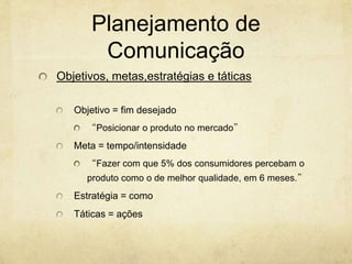 Planejamento de
       Comunicação
Objetivos, metas,estratégias e táticas

   Objetivo = fim desejado
     “Posicionar o produto no mercado”
   Meta = tempo/intensidade
     “Fazer com que 5% dos consumidores percebam o
     produto como o de melhor qualidade, em 6 meses.”
   Estratégia = como
   Táticas = ações
 