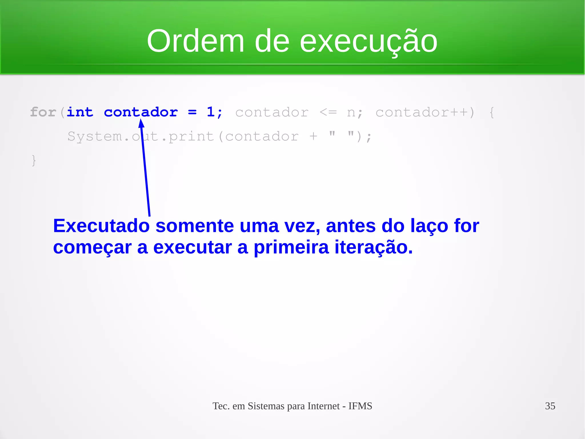 Tec. em Sistemas para Internet - IFMS 35
Ordem de execução
for(int contador = 1; contador <= n; contador++) {
    System.out.print(contador + " ");
}
Executado somente uma vez, antes do laço for
começar a executar a primeira iteração.
 