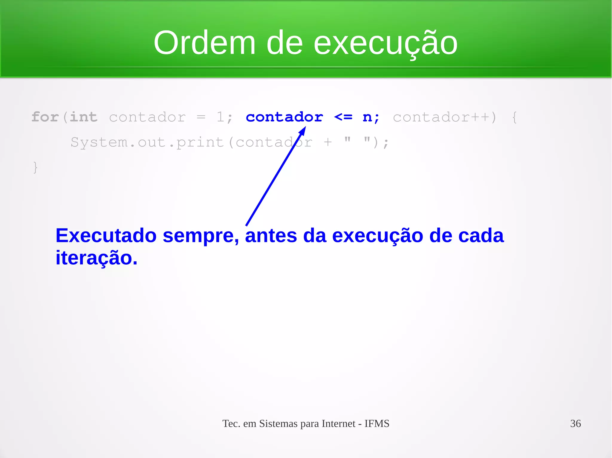 Tec. em Sistemas para Internet - IFMS 36
Ordem de execução
for(int contador = 1; contador <= n; contador++) {
    System.out.print(contador + " ");
}
Executado sempre, antes da execução de cada
iteração.
 