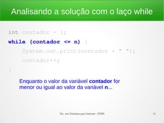 Tec. em Sistemas para Internet - IFMS 11
Analisando a solução com o laço while
int contador = 1;
while (contador <= n) {
    System.out.print(contador + " ");
    contador++;
}
Enquanto o valor da variável contador for
menor ou igual ao valor da variável n...
 