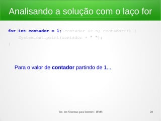 Tec. em Sistemas para Internet - IFMS 28
Analisando a solução com o laço for
for(int contador = 1; contador <= n; contador++) {
    System.out.print(contador + " ");
}
Para o valor de contador partindo de 1...
 