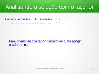 Tec. em Sistemas para Internet - IFMS 29
Analisando a solução com o laço for
for(int contador = 1; contador <= n; i++) {
 ...