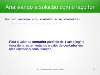 Tec. em Sistemas para Internet - IFMS 30
Analisando a solução com o laço for
for(int contador = 1; contador <= n; contador...