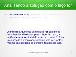 Tec. em Sistemas para Internet - IFMS 32
Analisando a solução com o laço for
for(int contador = 1; contador <= n; contador...