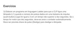 Exercícios
3) Elabore um programa em linguagem Ladder para que o CLP ligue uma
lâmpada (L1) quando o número de pulsos dados em uma botoeira de impulso
(push-button) (Liga) for igual a 3 em um tempo não superior a dez segundos. Se o
tempo for maior que dez segundos, deve-se zerar o contador automaticamente.
Deve ser prevista chave de pulso (Desliga) para desligar a lâmpada.
 