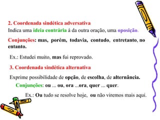 2. Coordenada sindética adversativa
Indica uma ideia contrária à da outra oração, uma oposição.
Conjunções: mas, porém, todavia, contudo, entretanto, no
entanto.
Ex.: Estudei muito, mas fui reprovado.
3. Coordenada sindética alternativa
Exprime possibilidade de opção, de escolha, de alternância.
Conjunções: ou ... ou, ora ...ora, quer ... quer.
Ex.: Ou tudo se resolve hoje, ou não viremos mais aqui.
 