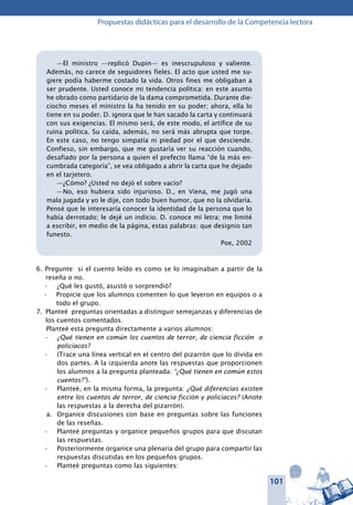 101
Propuestas didácticas para el desarrollo de la Competencia lectora
—El ministro —replicó Dupin— es inescrupuloso y valiente.
Además, no carece de seguidores fieles. El acto que usted me su-
giere podía haberme costado la vida. Otros fines me obligaban a
ser prudente. Usted conoce mi tendencia política: en este asunto
he obrado como partidario de la dama comprometida. Durante die-
ciocho meses el ministro la ha tenido en su poder; ahora, ella lo
tiene en su poder. D. ignora que le han sacado la carta y continuará
con sus exigencias. El mismo será, de este modo, el artífice de su
ruina política. Su caída, además, no será más abrupta que torpe.
En este caso, no tengo simpatía ni piedad por el que desciende.
Confieso, sin embargo, que me gustaría ver su reacción cuando,
desafiado por la persona a quien el prefecto llama “de la más en-
cumbrada categoría”, se vea obligado a abrir la carta que he dejado
en el tarjetero.
—¿Cómo? ¿Usted no dejó el sobre vacío?
—No, eso hubiera sido injurioso. D., en Viena, me jugó una
mala jugada y yo le dije, con todo buen humor, que no la olvidaría.
Pensé que le interesaría conocer la identidad de la persona que lo
había derrotado; le dejé un indicio. D. conoce mi letra; me limité
a escribir, en medio de la página, estas palabras: que designio tan
funesto.
Poe, 2002
6. Pregunte si el cuento leído es como se lo imaginaban a partir de la
reseña o no.
¿Qué les gustó, asustó o sorprendió?•	
Propicie que los alumnos comenten lo que leyeron en equipos o a•	
todo el grupo.
7.	 Planteé preguntas orientadas a distinguir semejanzas y diferencias de
los cuentos comentados.
Planteé esta pregunta directamente a varios alumnos:
¿Qué tienen en común los cuentos de terror, de ciencia ficción o•	
policíacos?
(Trace una línea vertical en el centro del pizarrón que lo divida en•	
dos partes. A la izquierda anote las respuestas que proporcionen
los alumnos a la pregunta planteada: “¿Qué tienen en común estos
cuentos?”).
Planteé, en la misma forma, la pregunta:•	 ¿Qué diferencias existen
entre los cuentos de terror, de ciencia ficción y policíacos? (Anote
las respuestas a la derecha del pizarrón).
a.	 Organice discusiones con base en preguntas sobre las funciones
de las reseñas.
Planteé preguntas y organice pequeños grupos para que discutan•	
las respuestas.
Posteriormente organice una plenaria del grupo para compartir las•	
respuestas discutidas en los pequeños grupos.
Planteé preguntas como las siguientes:•	
 