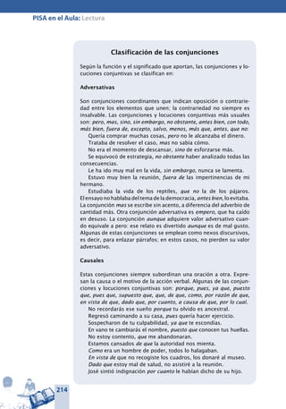 214
PISA en el Aula: Lectura
Clasificación de las conjunciones
Según la función y el significado que aportan, las conjunciones y lo-
cuciones conjuntivas se clasifican en:
Adversativas
Son conjunciones coordinantes que indican oposición o contrarie-
dad entre los elementos que unen; la contrariedad no siempre es
insalvable. Las conjunciones y locuciones conjuntivas más usuales
son: pero, mas, sino, sin embargo, no obstante, antes bien, con todo,
más bien, fuera de, excepto, salvo, menos, más que, antes, que no:
Quería comprar muchas cosas, pero no le alcanzaba el dinero.
Trataba de resolver el caso, mas no sabía cómo.
No era el momento de descansar, sino de esforzarse más.
Se equivocó de estrategia, no obstante haber analizado todas las
consecuencias.
Le ha ido muy mal en la vida, sin embargo, nunca se lamenta.
Estuvo muy bien la reunión, fuera de las impertinencias de mi
hermano.
Estudiaba la vida de los reptiles, que no la de los pájaros.
El ensayo no hablaba del tema de la democracia, antes bien, lo evitaba.
La conjunción mas se escribe sin acento, a diferencia del adverbio de
cantidad más. Otra conjunción adversativa es empero, que ha caído
en desuso. La conjunción aunque adquiere valor adversativo cuan-
do equivale a pero: ese relato es divertido aunque es de mal gusto.
Algunas de estas conjunciones se emplean como nexos discursivos,
es decir, para enlazar párrafos; en estos casos, no pierden su valor
adversativo.
Causales
Estas conjunciones siempre subordinan una oración a otra. Expre-
san la causa o el motivo de la acción verbal. Algunas de las conjun-
ciones y locuciones conjuntivas son: porque, pues, ya que, puesto
que, pues que, supuesto que, que, de que, como, por razón de que,
en vista de que, dado que, por cuanto, a causa de que, por lo cual.
No recordarás ese sueño porque tu olvido es ancestral.
Regresó caminando a su casa, pues quería hacer ejercicio.
Sospecharon de tu culpabilidad, ya que te escondías.
En vano te cambiarás el nombre, puesto que conocen tus huellas.
No estoy contento, que me abandonaran.
Estamos cansados de que la autoridad nos mienta.
Como era un hombre de poder, todos lo halagaban.
En vista de que no recogiste los cuadros, los donaré al museo.
Dado que estoy mal de salud, no asistiré a la reunión.
José sintió indignación por cuanto le habían dicho de su hijo.
 