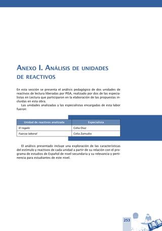 253
Anexo I. Análisis de unidades
de reactivos
En esta sección se presenta el análisis pedagógico de dos unidades de
reactivos de lectura liberadas por PISA, realizado por dos de las especia-
listas en Lectura que participaron en la elaboración de las propuestas in-
cluidas en esta obra.
Las unidades analizadas y las especialistas encargadas de esta labor
fueron:
Unidad de reactivos analizada Especialista
El regalo Celia Díaz
Fuerza laboral Celia Zamudio
El análisis presentado incluye una exploración de las características
del estímulo y reactivos de cada unidad a partir de su relación con el pro-
grama de estudios de Español de nivel secundaria y su relevancia y perti-
nencia para estudiantes de este nivel.
 