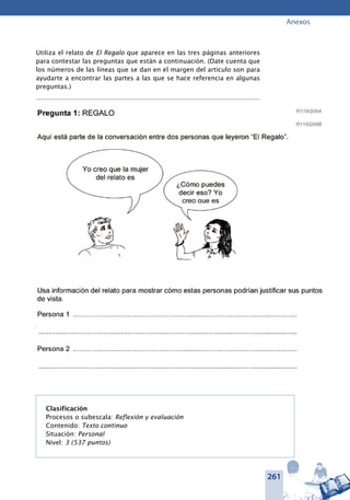 261
Anexos
Utiliza el relato de El Regalo que aparece en las tres páginas anteriores
para contestar las preguntas que están a continuación. (Date cuenta que
los números de las líneas que se dan en el margen del artículo son para
ayudarte a encontrar las partes a las que se hace referencia en algunas
preguntas.)
Pregunta 1: REGALO	
Aquí está parte de la conversación entre dos personas que leyeron “El
Regalo”.
Usa información del relato para mostrar cómo estas personas podrían
justificar sus puntos de vista.
Persona 1 	
Persona 2 	
Clasificación
Procesos o subescala: Reflexión y evaluación
Contenido: Texto continuo
Situación: Personal
Nivel: 3 (537 puntos)
Yo creo que la mujer
del relato es
¿Cómo
puedes decir eso?
Yo creo que es
 