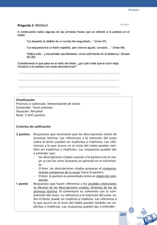 265
Anexos
Pregunta 3: REGALO	
A continuación están algunas de las primeras frases que se refieren a
la pantera en el relato:
“La despertó el chillido de un sonido tan angustiado...” (línea 37)
“La respuesta fue un llanto repetido, pero menos agudo, cansado …”
(línea 49)
“Había oído…y escuchado sus llamados, como sufrimiento en la dis-
tancia.” (líneas 58–59)
Considerando lo que pasa en el resto del relato, ¿por qué crees que el
autor elige introducir a la pantera con estas descripciones?
	
	
	
	
Clasificación
Procesos o subescala: Interpretación de textos
Contenido: Texto continuo
Situación: Personal
Nivel: 5 (645 puntos)
Criterios de calificación
2 puntos: 	 Respuestas que reconocen que las descripciones tratan de
provocar lástima. Las referencias a la intención del autor
sobre el lector pueden ser explícitas o implícitas. Las refe-
rencias a lo que ocurre en el resto del relato pueden tam-
bién ser explícitas o implícitas. Las respuestas pueden dar
a entender que:
las descripciones citadas asocian a la pantera con la mu-•	
jer (y con los seres humanos en general) en el sufrimien-
to.
O bien: las descripciones citadas preparan el•	 comporta-
miento compasivo de la mujer hacia la pantera.
O bien: la pantera es presentada como un•	 objeto de com-
pasión.
1 punto: 	 Respuestas que hacen referencia a las posibles intenciones
(o efectos) de las descripciones citadas, distintas de las de
provocar lástima. El comentario es coherente con la com-
prensión del texto. La referencia a la intención del autor so-
bre el lector puede ser explícita o implícita. Las referencia a
lo que ocurre en el resto del relato pueden también ser ex-
plícitas o implícitas. Las respuestas pueden dar a entender:
 