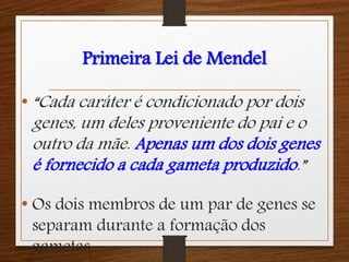 Primeira Lei de Mendel 
•“Cada caráter é condicionado por dois 
genes, um deles proveniente do pai e o 
outro da mãe. Apenas um dos dois genes 
é fornecido a cada gameta produzido.” 
• Os dois membros de um par de genes se 
separam durante a formação dos 
gametas. 
 