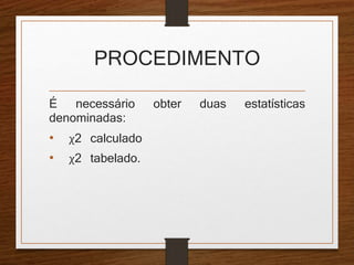 PROCEDIMENTO 
É necessário obter duas estatísticas 
denominadas: 
• χ2 calculado 
• χ2 tabelado. 
 