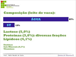 Composição (leite de vaca):
Química de Alimentos IIProf.&Fabio&Macedo&da&Costa
ÁGUA
Lactose (5,0%)
Proteínas (3,6%): diversas frações
Lipídeos (4,1%)
ST
Enzimas
Sais Minerais (0,7%)
Vitaminas
13%
87%
 