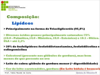 Composição:
Química de Alimentos IIProf.&Fabio&Macedo&da&Costa
Lipídeos
> Principalmente na forma de Triacligliceróis (95,8%)
> Diversos ácidos graxos: principalmente saturados: 75%
(16:0 - Palmítico,14:0 - Mirístico,18:0 - Esteárico) e 18:1 - Oléico.
CLA = até 2,2%
> 20% de fosfolipídeos: fosfatidiletanolamina,fosfatidilcolina e
esfingomielina
> Colesterol (presente nos glóbulos de gordura),mas bem
menos do que presente no ovo
> Leite de cabra: glóbulo de gordura menor (> digestibilidade)
> Cor do leite: carotenóides,gordura (Ex: Leite búfala é branco!)
 