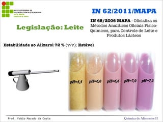 Legislação: Leite
Química de Alimentos IIProf.&Fabio&Macedo&da&Costa
Estabilidade ao Alizarol 72 % (v/v): Estável
IN 62/2011/MAPA
IN 68/2006 MAPA - Oﬁcializa os
Métodos Analíticos Oﬁciais Físico-
Químicos, para Controle de Leite e
Produtos Lácteos
 
