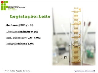 Legislação: Leite
Química de Alimentos IIProf.&Fabio&Macedo&da&Costa
Gordura (g/100 g = %):
Desnatado: máximo 0,5%;
Semi-Desnatado.: 0,6 - 2,9%;
Integral: mínimo 3,0%;
1,3%
 