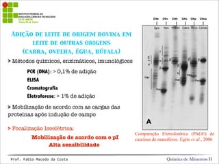 Adição de leite de origem bovina em
leite de outras origens
(cabra, ovelha, égua, búfala)
> Métodos químicos, enzimáticos, imunológicos
Comparação Eletroforética (PAGE) de
caseínas de mamíferos. Egito et al., 2006
> Mobilização de acordo com as cargas das
proteínas após indução de campo
> Focalização Isoelétrica:
Mobilização de acordo com o pI
Alta sensibilidade
PCR (DNA): > 0,1% de adição
ELISA
Cromatografia
Eletroforese: > 1% de adição
Égua Vaca Mulher Cabra Porca Camela
Química de Alimentos IIProf.&Fabio&Macedo&da&Costa
 