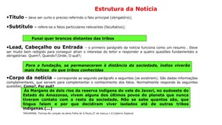 29
•Título – deve ser curto e preciso referindo o fato principal (obrigatório);
•Subtítulo – refere-se a fatos particulares relevantes (facultativo);
•Lead, Cabeçalho ou Entrada – o primeiro parágrafo da notícia funciona como um resumo . Deve
ser muito bem redigido para conseguir atrair o interesse do leitor e responder a quatro questões fundamentais e
obrigatórias: Quem?, Quando?,Onde, O quê?;
•Corpo da notícia – corresponde ao segundo parágrafo e seguintes (se existirem). São dadas informações
complementares, que servem para complementar o conhecimento dos fatos. Normalmente responde às seguintes
questões: Como?, Por quê?
Estrutura da Notícia
Funai quer brancos distantes das tribos
Para a fundação, se permanecerem à distância da sociedade, índios viverão
mais felizes do que tribos conhecidas
Às Margens de dois rios da reserva indígena do vale do Javari, no sudoeste do
Estado do Amazonas, vivem alguns dos últimos povos do planeta que nunca
tiveram contato com o resto da sociedade. Não se sabe quantos são, que
língua falam e por que decidiram viver isolados até de outras tribos
indígenas.(...)
TRAUMANN, Thomas.No coração da selva.Folha de S.Paulo,27 de maio,p.1-6.Caderno Especial
 
