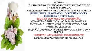 ESCRITA
“É A TRADUÇÃO DE PENSAMENTOS E INSPIRAÇÕES DE
DIVERSAS FORMAS”.
A ESCRITA ENVOLVE ASPECTOS DE NATUREZA VARIADA
(LINGUÍSTICA, PRAGMÁTICA, COGNITIVA, SÓCIO-
HISTÓRICA E CULTURAL).
ESCRITA COM FOCO NA INSPIRAÇÃO:
CONHECER O PÚBLICO ALVO PARA GARANTIR A
INTERAÇÃO; UTILIZAÇÃO DE ESTRATÉGIAS POR
PARTE DO ESCRITOR.
SELEÇÃO, ORGANIZAÇÃO E DESENVOLVIMENTO DAS
IDÉIAS.
ESCRITA E ATIVAÇÃO DE CONHECIMENTO
LINGUAGEM/MUNDO/PRÁTICAS SOCIAIS
 