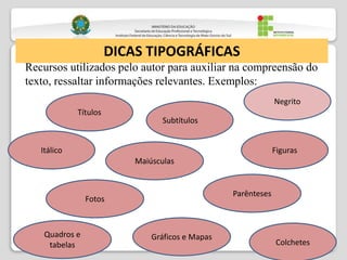 DICAS TIPOGRÁFICAS
Recursos utilizados pelo autor para auxiliar na compreensão do
texto, ressaltar informações relevantes. Exemplos:
Negrito
Subtítulos
Figuras
Maiúsculas
Colchetes
Parênteses
Títulos
Itálico
Quadros e
tabelas
Gráficos e Mapas
Fotos
 