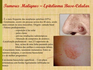 Tumores Malignos – Epitelioma Baso-Celular
- É o mais frequente das neoplasias epiteliais (65%).
- Geralmente, ocorre em pessoas acima dos 40 anos, sendo
mais comum no sexo masculino. Origem: camada basal
- Fatores predisponentes:
- exposição à luz solar
- peles claras
- prévias irradiações radioterápicas
- Absorção de compostos de arsênico.
-Localização preferencial: - nos 2/3 superiores da
face, acima de uma linha passando pelos
lóbulos das orelhas e comissuras labiais.
-Crescimento lento, raramente metastatiza. Entre os
tumores malignos, o carcinoma basocelular
é o de melhor prognóstico.
Carcinoma basocelular superficial. – Com placa
eritematosa com bordas ligeiramente infiltradas no
tronco

 