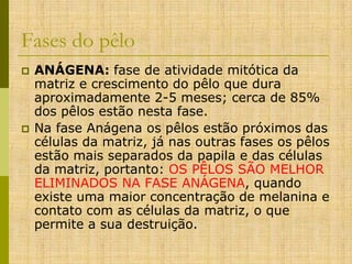 Fases do pêlo




ANÁGENA: fase de atividade mitótica da
matriz e crescimento do pêlo que dura
aproximadamente 2-5 meses; cerca de 85%
dos pêlos estão nesta fase.
Na fase Anágena os pêlos estão próximos das
células da matriz, já nas outras fases os pêlos
estão mais separados da papila e das células
da matriz, portanto: OS PÊLOS SÃO MELHOR
ELIMINADOS NA FASE ANÁGENA, quando
existe uma maior concentração de melanina e
contato com as células da matriz, o que
permite a sua destruição.

 