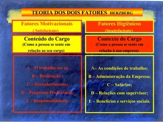 Fatores Motivacionais
( Satisfaciente)  
A – O trabalho em si;
B - Realização ;
C – Reconhecimento;
D – Progresso Profissional;
E – Responsabilidade.
Fatores Higiênicos
(Insatisfaciente)  
Α– As condições de trabalho;
B – Administração da Empresa;
C – Salários;
D – Relações com supervisor;
E – Benefícios e serviços sociais.
TEORIA DOS DOIS FATORES HERZBERG
Conteúdo do Cargo
(Como a pessoa se sente em
relação ao seu cargo) 
Contexto do Cargo
(Como a pessoa se sente em
relação à sua empresa)  
 