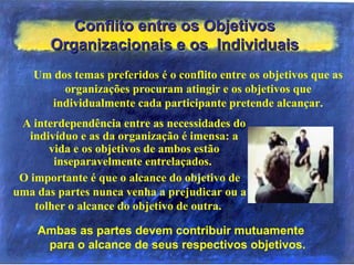 Conflito entre os ObjetivosConflito entre os Objetivos
Organizacionais e os IndividuaisOrganizacionais e os Individuais
Ambas as partes devem contribuir mutuamente
para o alcance de seus respectivos objetivos.
Um dos temas preferidos é o conflito entre os objetivos que as
organizações procuram atingir e os objetivos que
individualmente cada participante pretende alcançar.
A interdependência entre as necessidades do
indivíduo e as da organização é imensa: a
vida e os objetivos de ambos estão
inseparavelmente entrelaçados.
O importante é que o alcance do objetivo de
uma das partes nunca venha a prejudicar ou a
tolher o alcance do objetivo de outra.
 