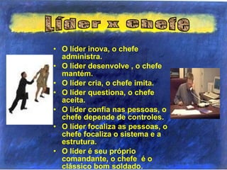• O líder inova, o chefe
administra.
• O líder desenvolve , o chefe
mantém.
• O líder cria, o chefe imita.
• O líder questiona, o chefe
aceita.
• O líder confia nas pessoas, o
chefe depende de controles.
• O líder focaliza as pessoas, o
chefe focaliza o sistema e a
estrutura.
• O líder é seu próprio
comandante, o chefe é o
clássico bom soldado.
 