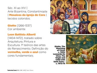 Séc. XI ao XIV |
Arte Bizantina, Constantinopla
| Mosaicos da igreja de Cora |
tecidos coloridos.

Giotto [1266-1337]
Cor ambiente
Leon Battista Alberti
[1404-1472], tratado sobre
Arquitetura, Pintura e
Escultura. 1º teórico das artes                      Giotto, The
do Renascimento. Definição do                          Mourning
                                                        of Christ
vermelho, verde e azul como                              c. 1305;
                                                    Leonardo Da
cores fundamentais.                                   Vinci, The
                                                      Virgin and
                                                      Child with
                                                    Saint Anne -
                                                      c. 1472-75


Teoria das Cores | IED | BR | SP | Fabio Silveira
 
