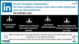 Viu só? Conseguiu compreender?
Por isso o cadastro e acesso a esta rede é muito importante
para sua vida profissional.
No Linkedin você:
CRIA UM PERFIL
CAMPEÃO
CONECTA-SE A PESSOAS
QUE VOCÊ CONHECE E
ADMIRA
ENCONTRA
OPORTUNIDADEs
FICA POR DENTRO DAS
ÚLTIMAS TENDÊNCIAS DA
SUA ÁREA
Bata um papo com seu colega do lado e pensem que tipo de informações vocês
colocariam no seu perfil do Linkedin.
Anote no seu caderno, você vai precisar dessas informações daqui a pouquinho.
 
